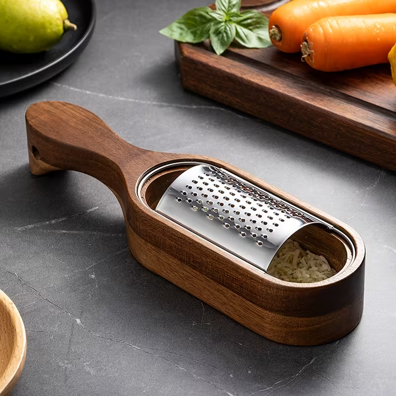 1pc Stainless Steel Cheese Grater with Acacia Wood Storage Box, Cheese Grating