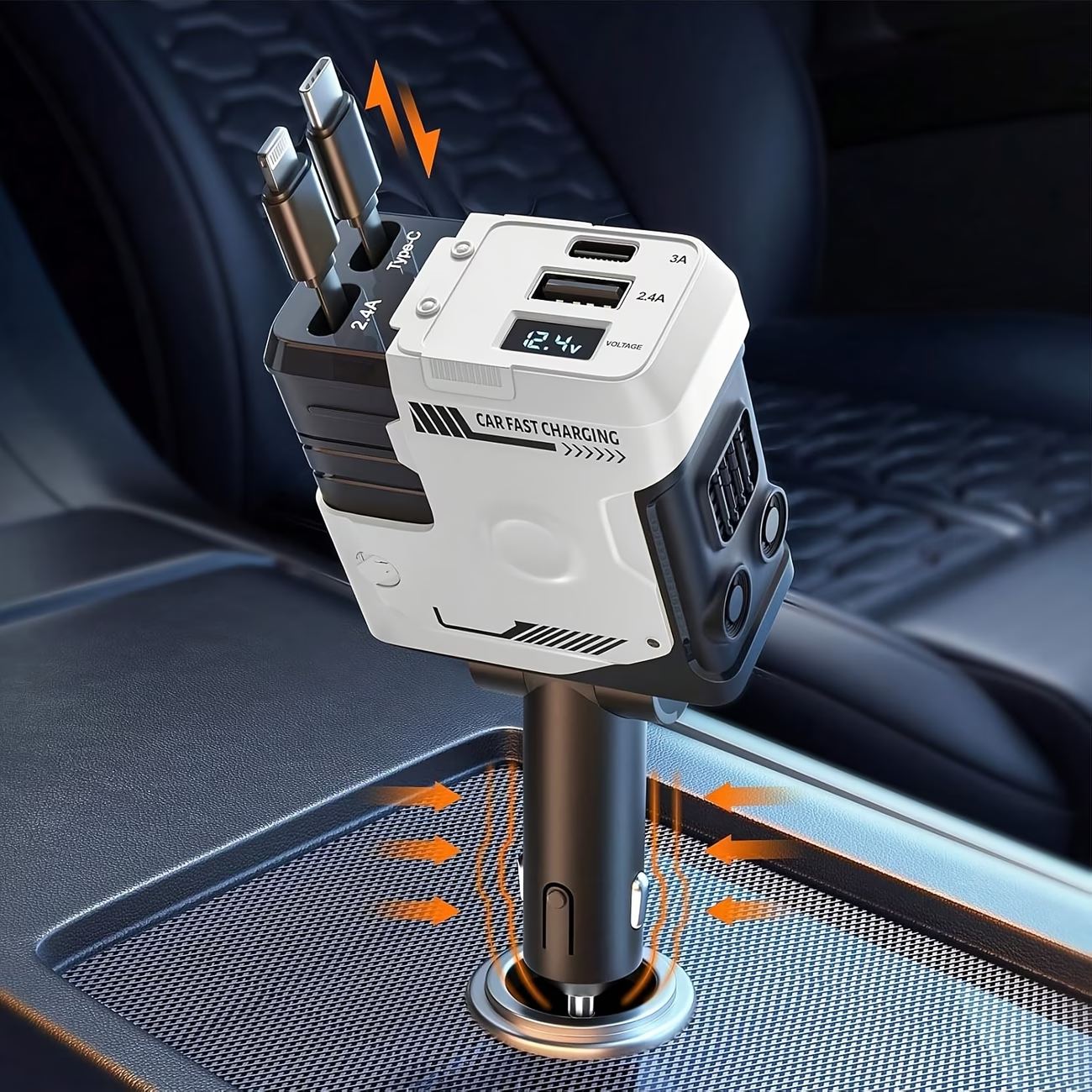 120W 4-in-1 Retractable Car Charger PD Fast USB-C iPhone Samsung