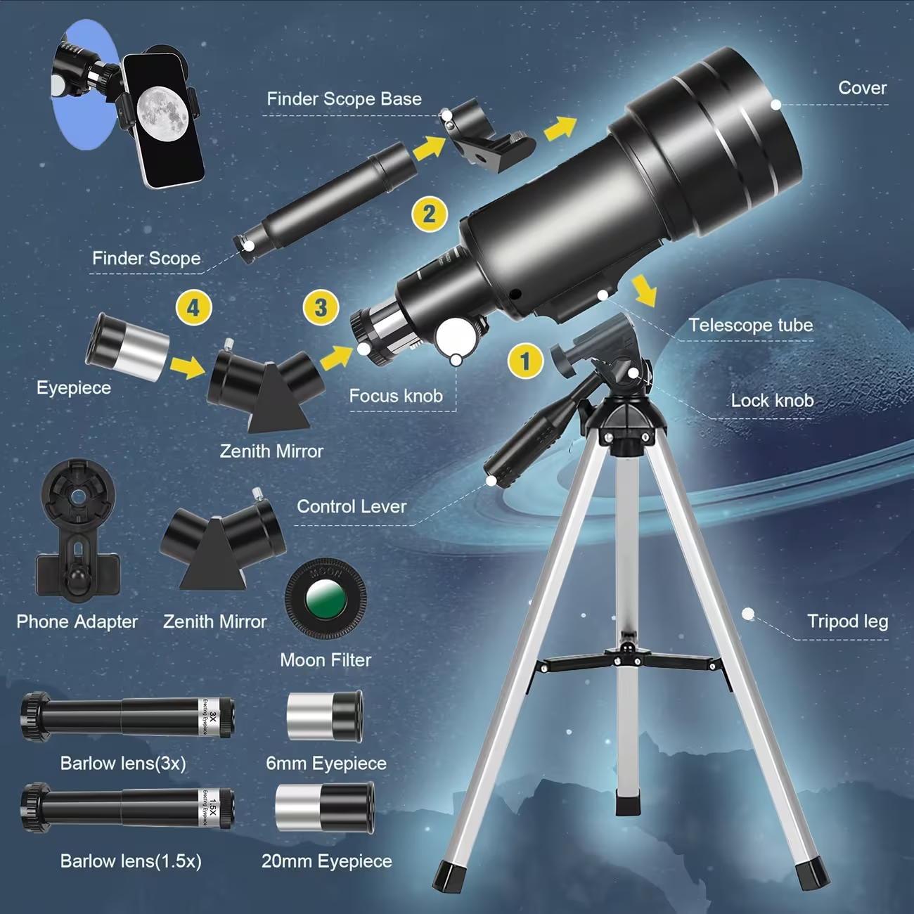150X Astronomical Telescope 70mm Aperture with Tripod Phone Holder