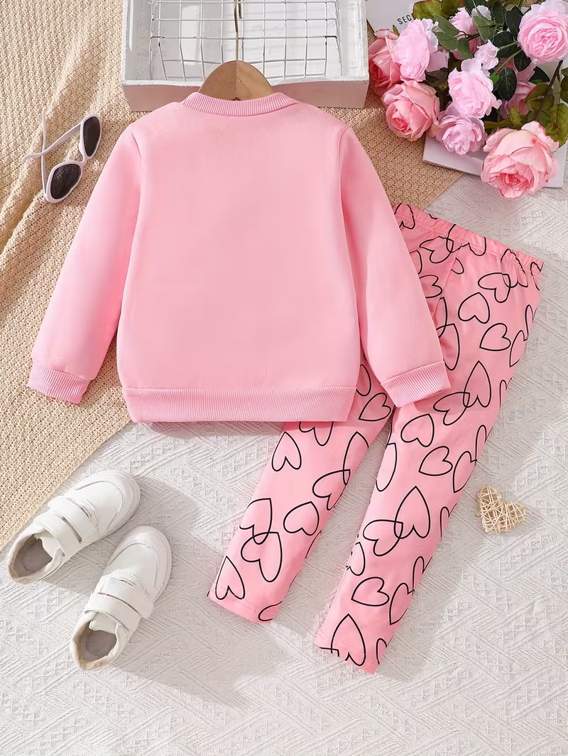 2-piece Set. Girls' Round-neck Sweatshirt with Long Pants Set, Featuring a Round