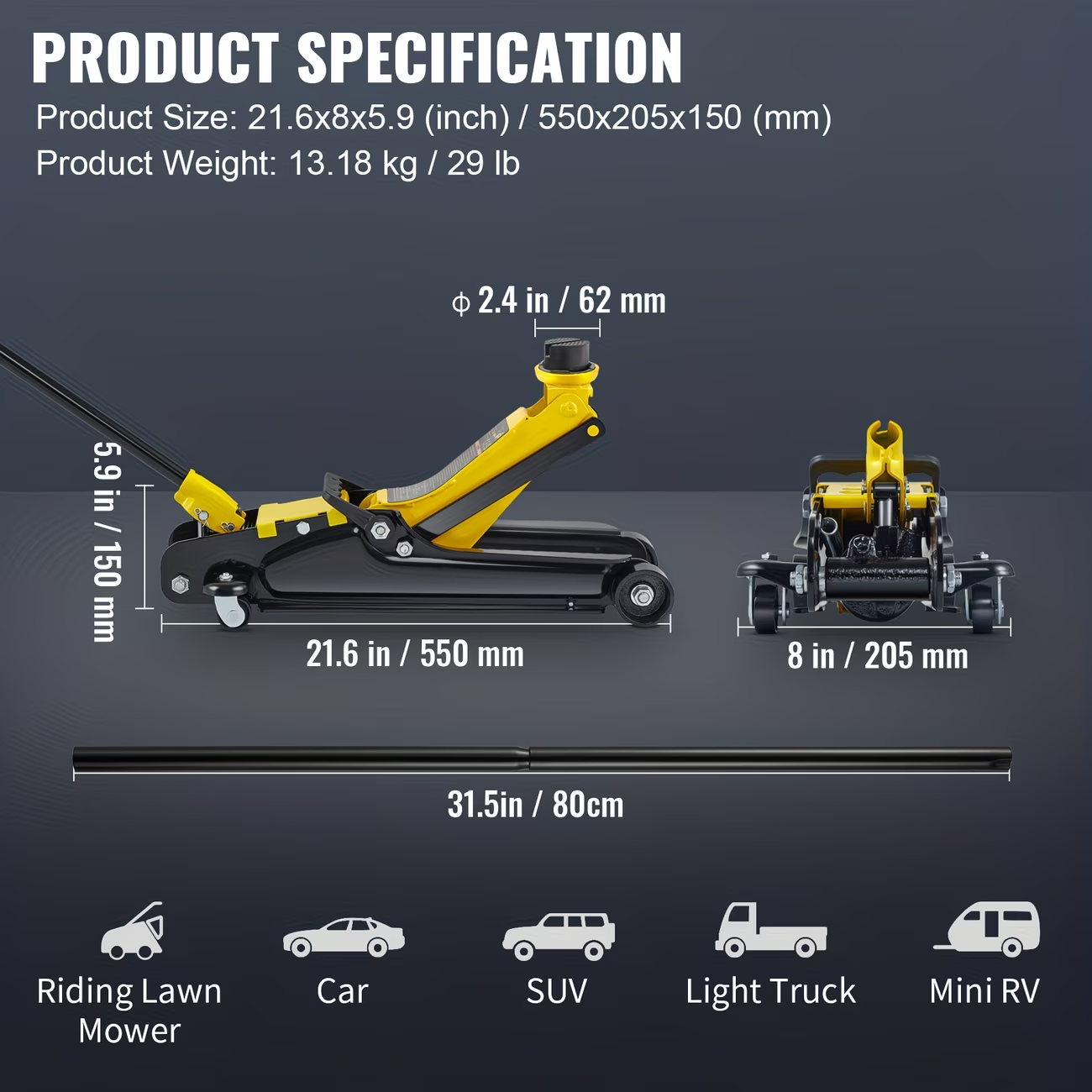 2.5 Ton Hydraulic Floor Jack Steel Low Profile Lift Car Jack 3.35-14.96"