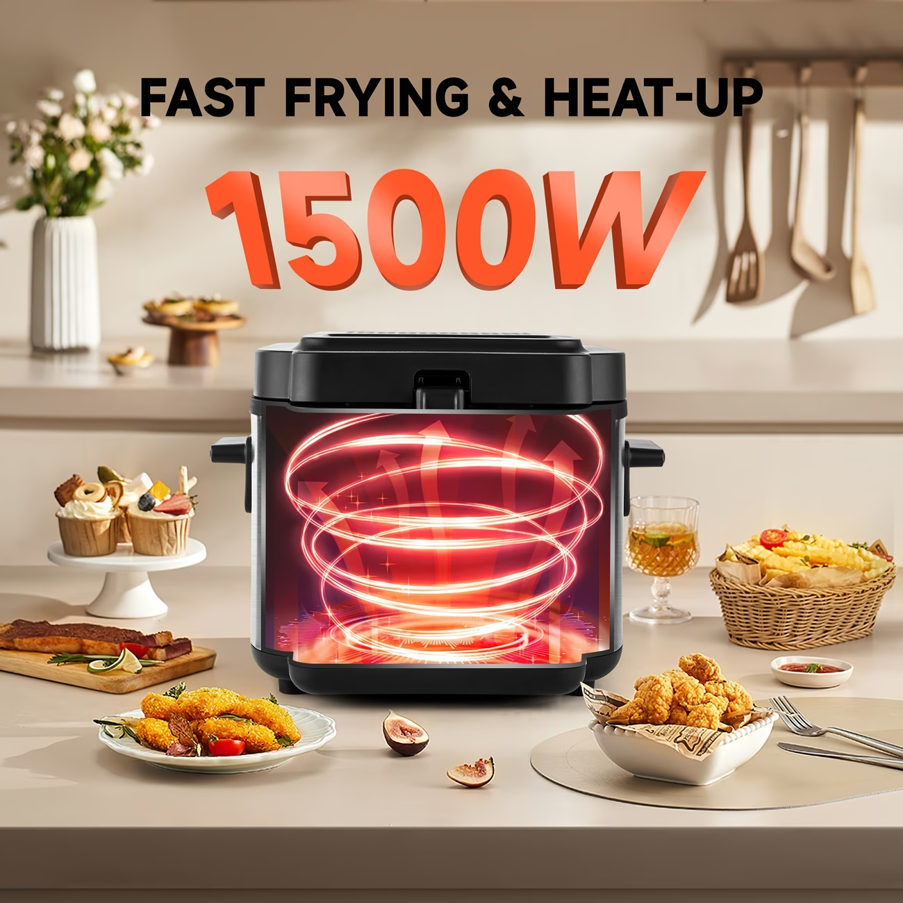 1500W Electric Deep Fryer Stainless Steel w/ Basket Adjustable Temp Non-Stick Po