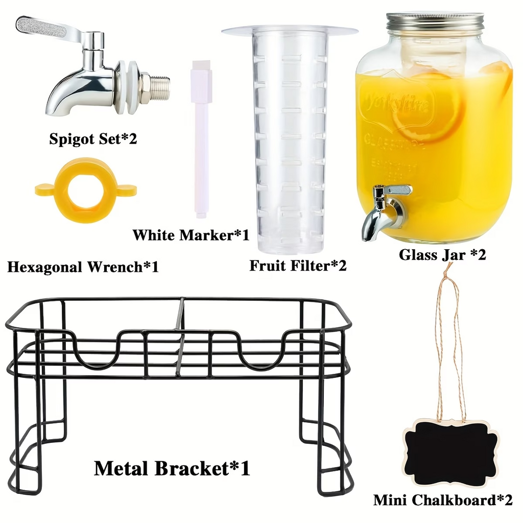 2 Pack Glass Drink Dispenser w/ Stand Spigot Fruit Infuser 1 Gallon