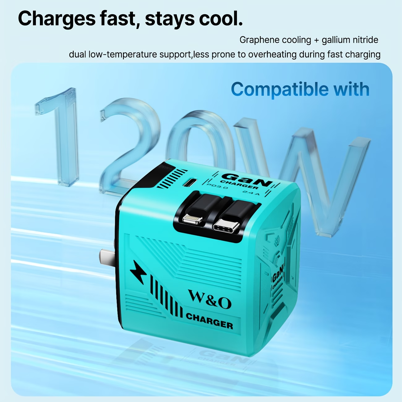 120W GaN Fast Charger Retractable Cable USB-C Travel Wall Charger Fold