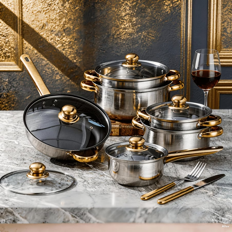 12PCS Stainless Steel Cookware Set Nonstick Pots Pans Induction Gas Gold