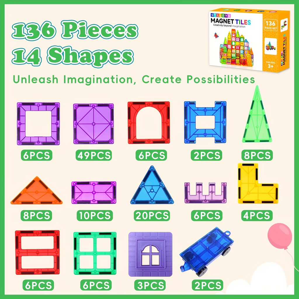 136PCS Magnetic Tiles Building Blocks Kids STEM Toy Set w/ Cars Educational Gift