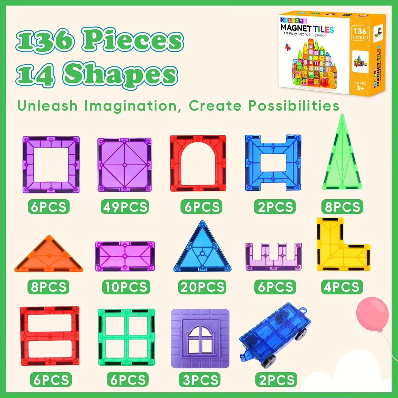 136PCS Magnetic Tiles Building Blocks Kids STEM Toy Set w/ Cars Educational Gift