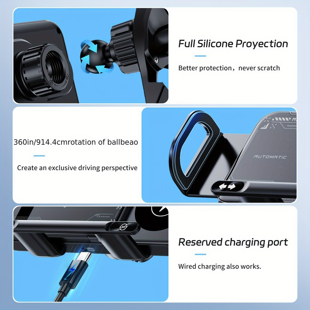15W Wireless Car Charger Mount Auto Clamp Fast Charge Phone Holder 4.3-6.9" Fold