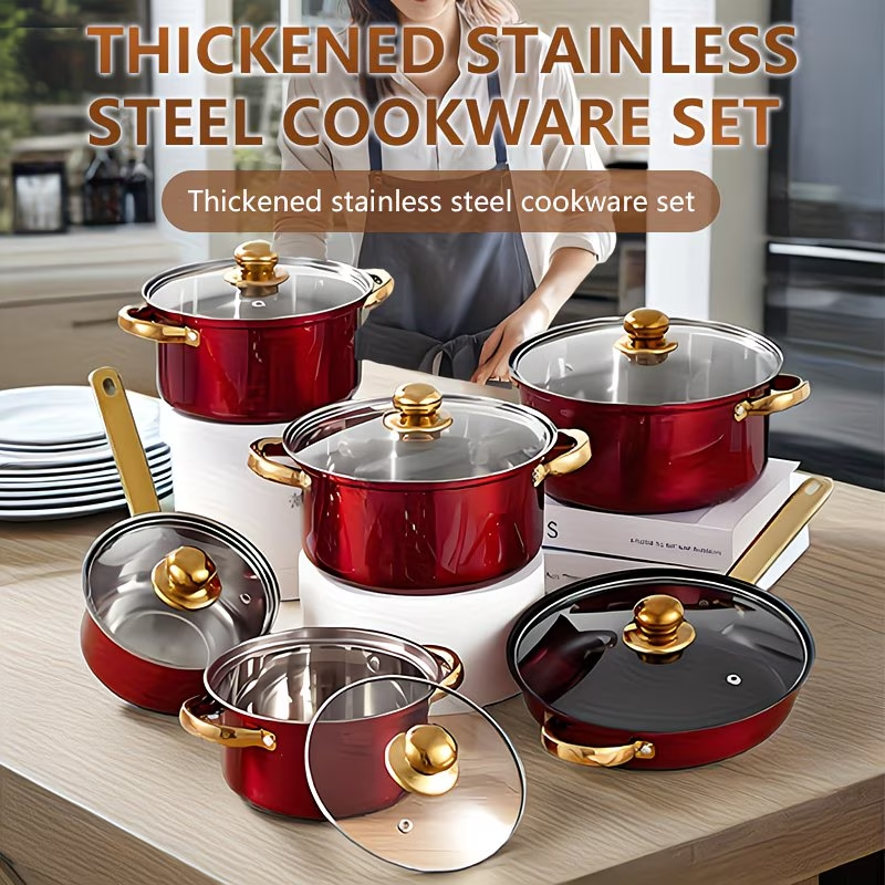 12PCS Cookware Set Nonstick Stainless Steel Pots Pans Red Kitchen Set