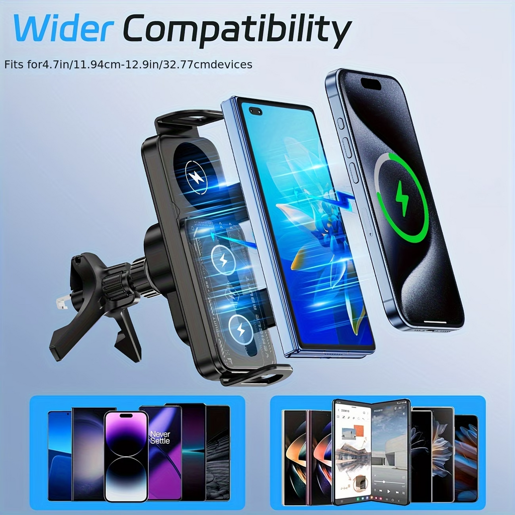 15W Wireless Car Charger Mount Auto Clamp Fast Charge Phone Holder 4.3-6.9" Fold
