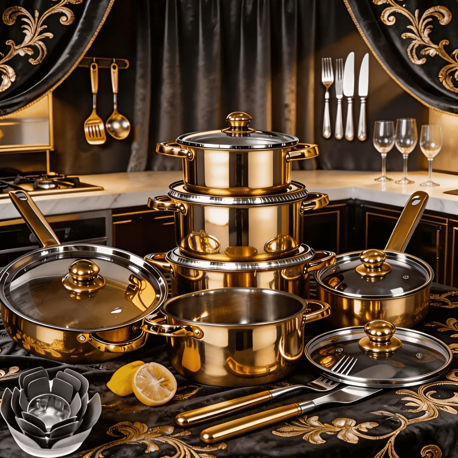 12PCS Stainless Steel Cookware Set Nonstick Pots Pans Induction Gas Gold