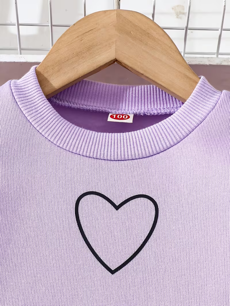 2-piece Set. Girls' Round-neck Sweatshirt with Long Pants Set, Featuring a Round