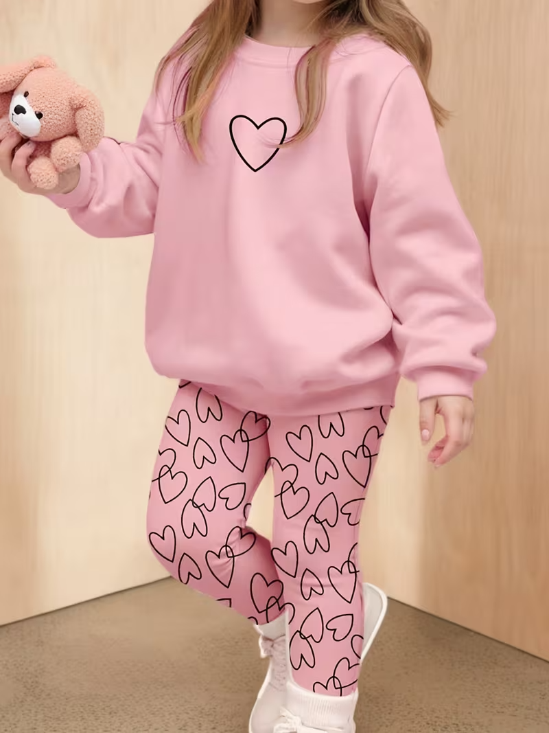 2-piece Set. Girls' Round-neck Sweatshirt with Long Pants Set, Featuring a Round