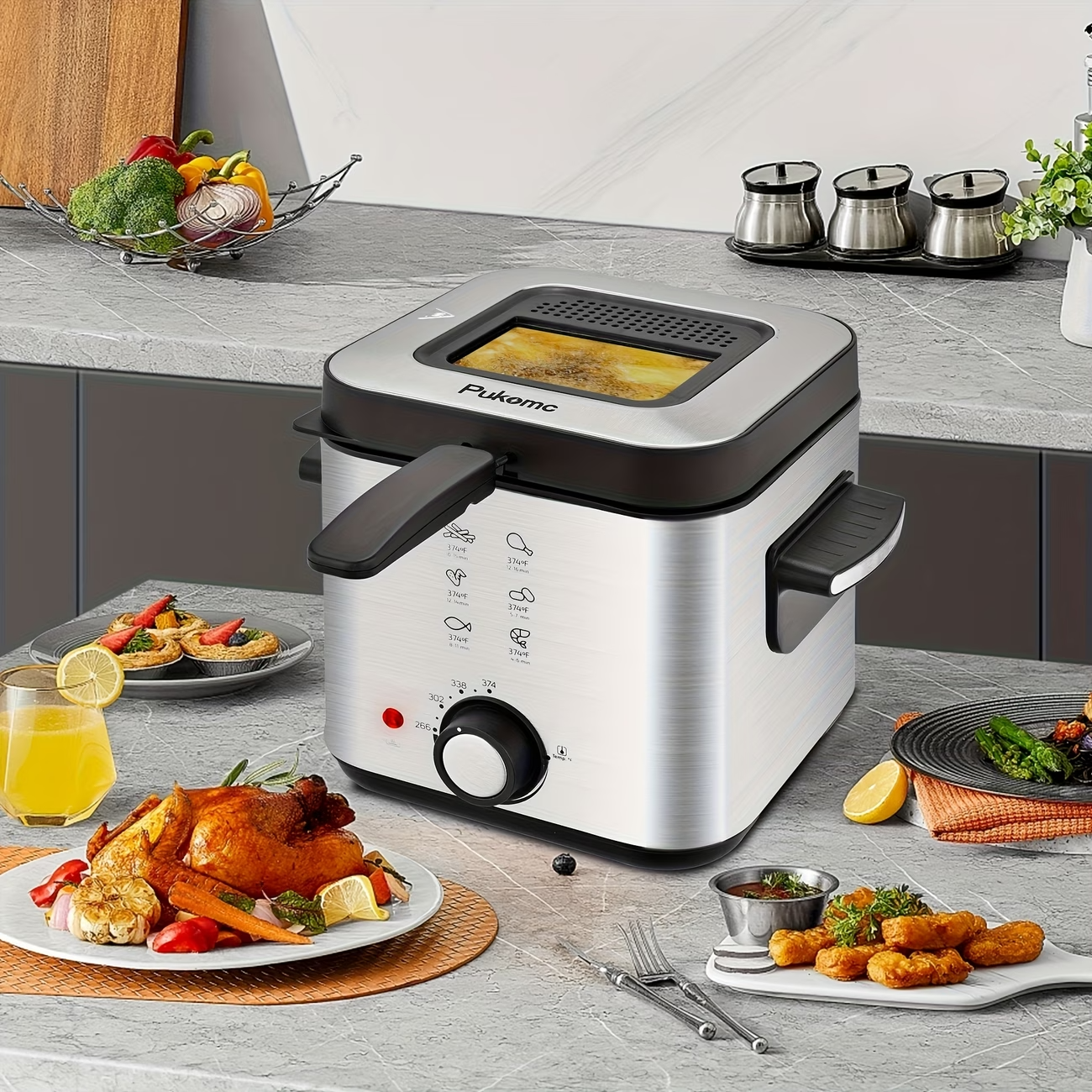 1500W Electric Deep Fryer Stainless Steel w/ Basket Adjustable Temp Non-Stick Po