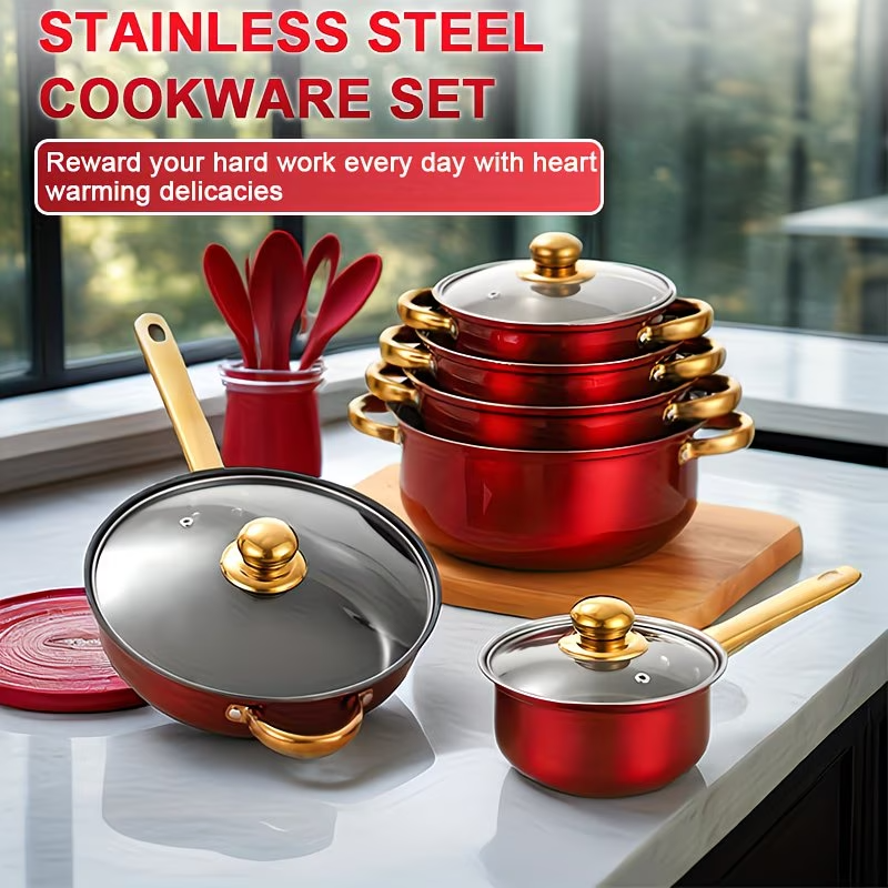 12PCS Cookware Set Nonstick Stainless Steel Pots Pans Red Kitchen Set