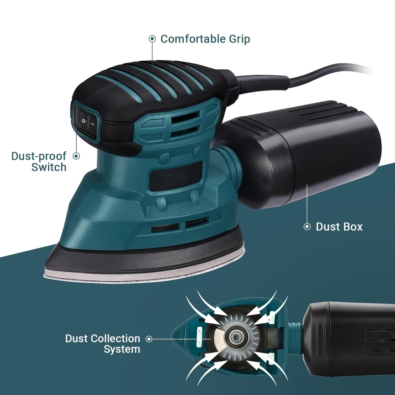 130W Detail Sander 12000RPM Hand Sander w/ Dust Collection 12 Sandpaper