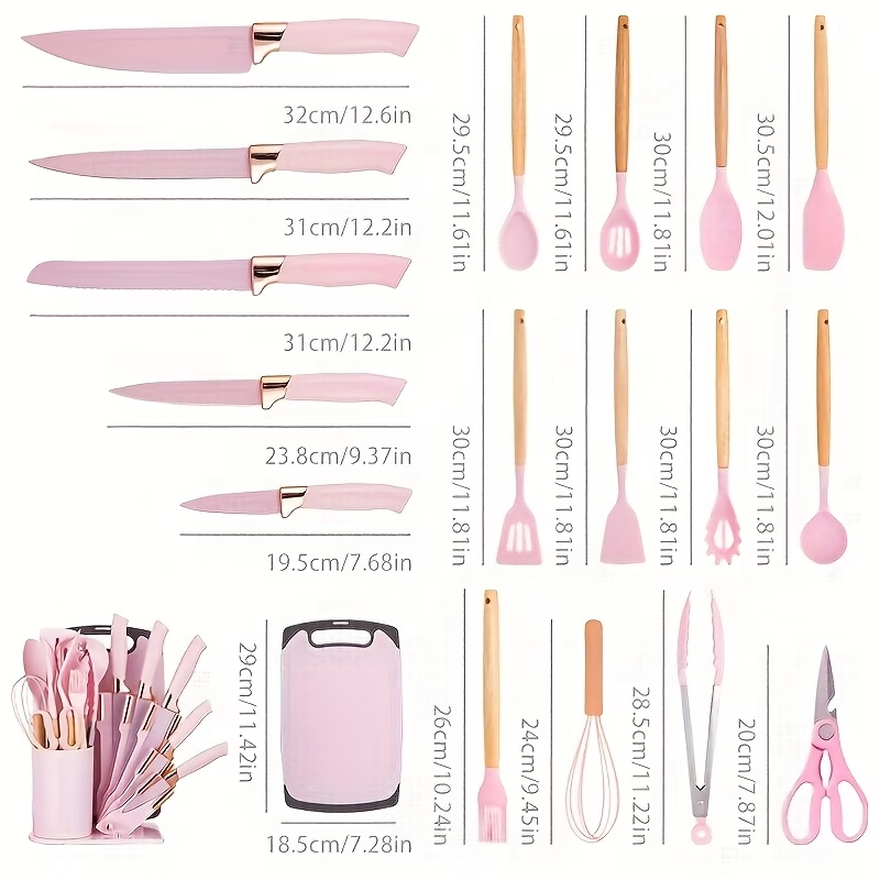 19PCS Silicone Kitchen Utensil Knife Set Nonstick Wooden Handle Tools