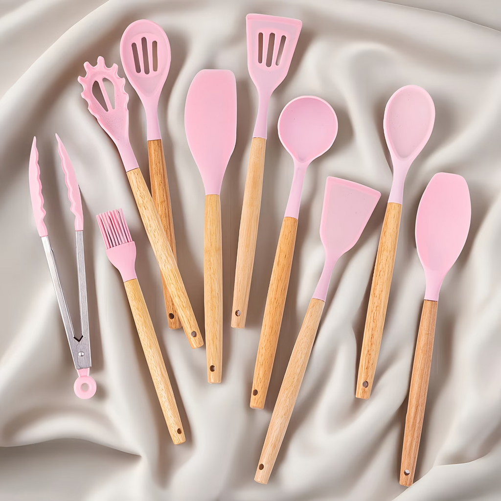 19PCS Silicone Kitchen Utensil Knife Set Nonstick Wooden Handle Tools