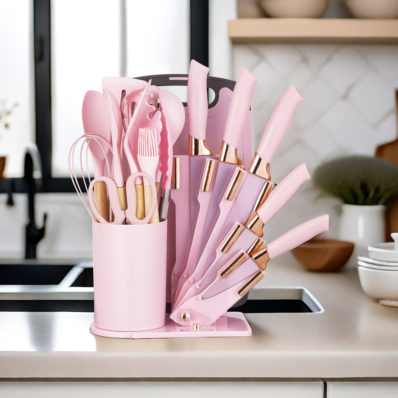 19PCS Silicone Kitchen Utensil Knife Set Nonstick Wooden Handle Tools