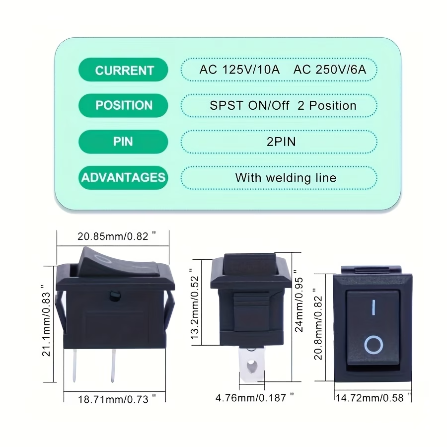 20PCS SPST 2 Pin Rocker Switch ON/Off AC 6A/250V 10A/125V Pre Wired
