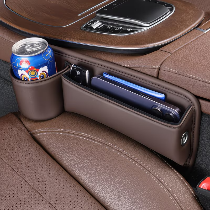 2PCS Car Seat Gap Filler Organizer Brown Phone Holder Wallet Key Storage Box
