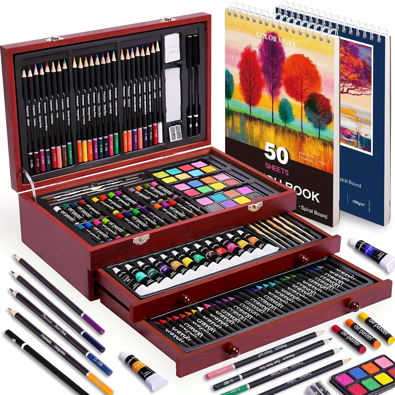 175pcs Deluxe Art Set Wooden Case Paint Kit Colored Pencils Crayons