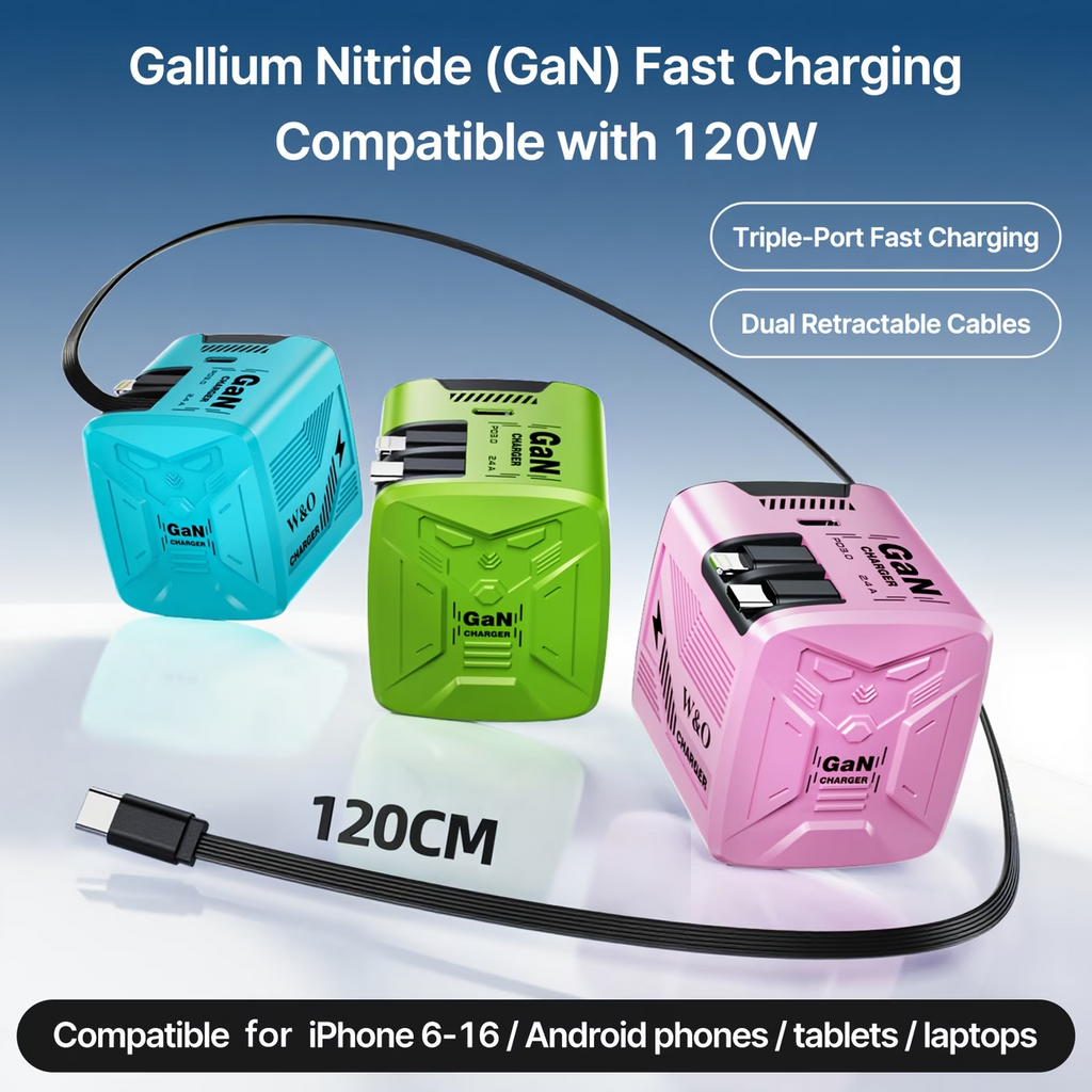 120W GaN Fast Charger Retractable Cable USB-C Travel Wall Charger Fold