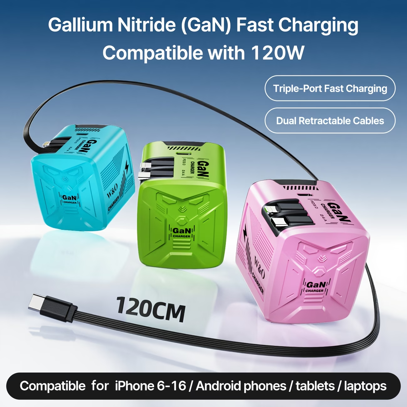 120W GaN Fast Charger Retractable Cable USB-C Travel Wall Charger Fold