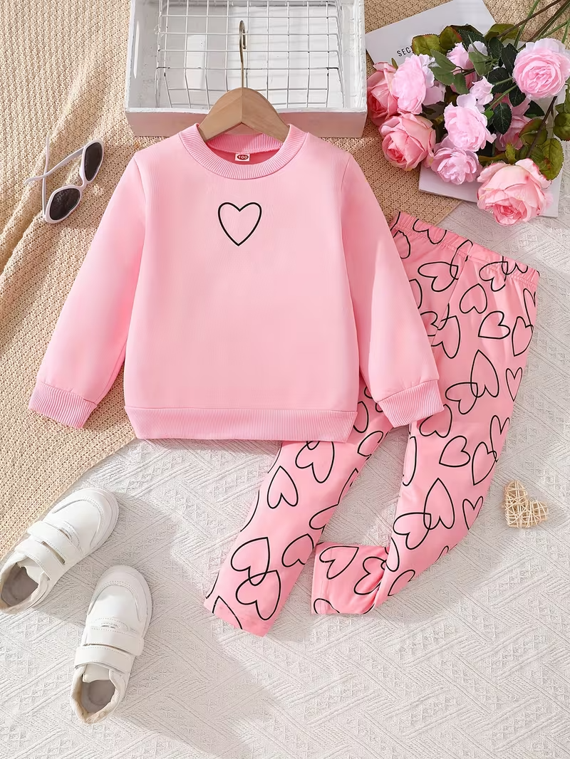 2-piece Set. Girls' Round-neck Sweatshirt with Long Pants Set, Featuring a Round