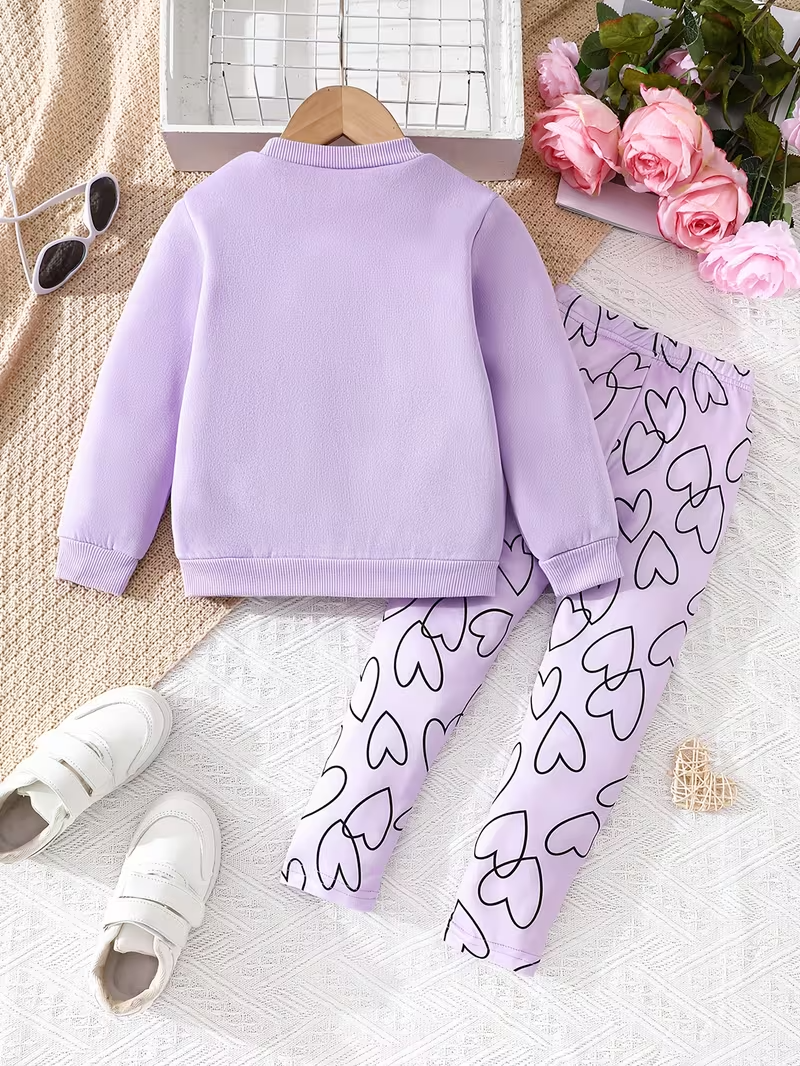 2-piece Set. Girls' Round-neck Sweatshirt with Long Pants Set, Featuring a Round