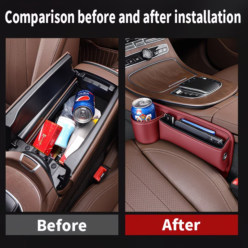2PCS Car Seat Gap Filler Organizer Brown Phone Holder Wallet Key Storage Box