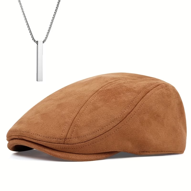 2PCS Men Antler Hat & Necklace Set Christmas Party Warm Newsboy Cap