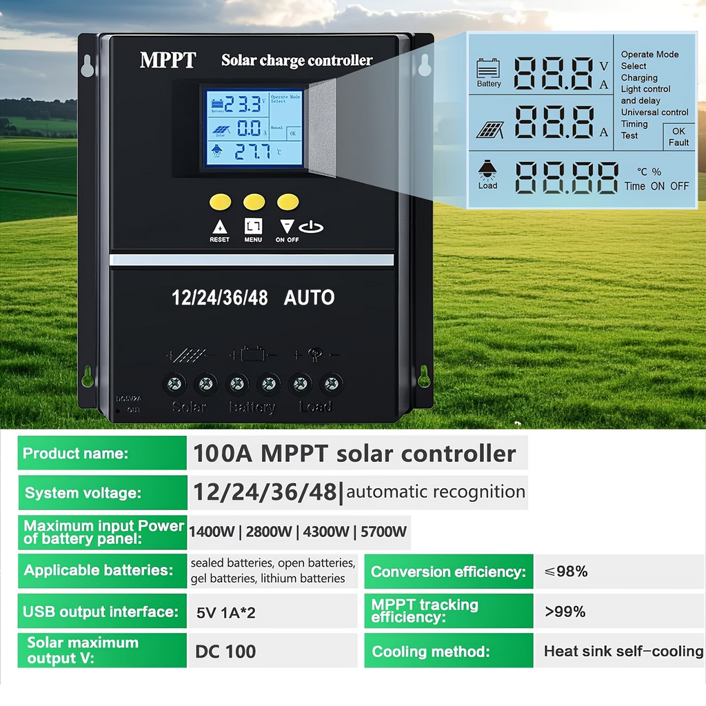 100A MPPT Solar Charge Controller LCD 12V-48V Battery Regulator
