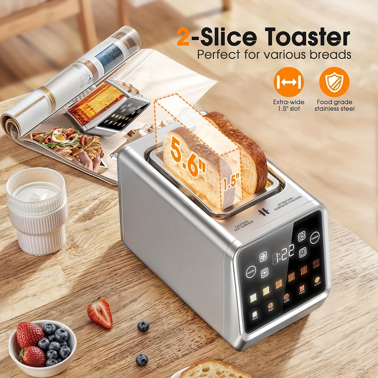 2-Slice Touch Screen Stainless Steel Toaster | Smart Digital with Memory Functio