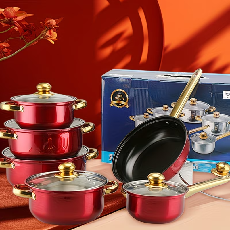 12PCS Cookware Set Nonstick Stainless Steel Pots Pans Red Kitchen Set