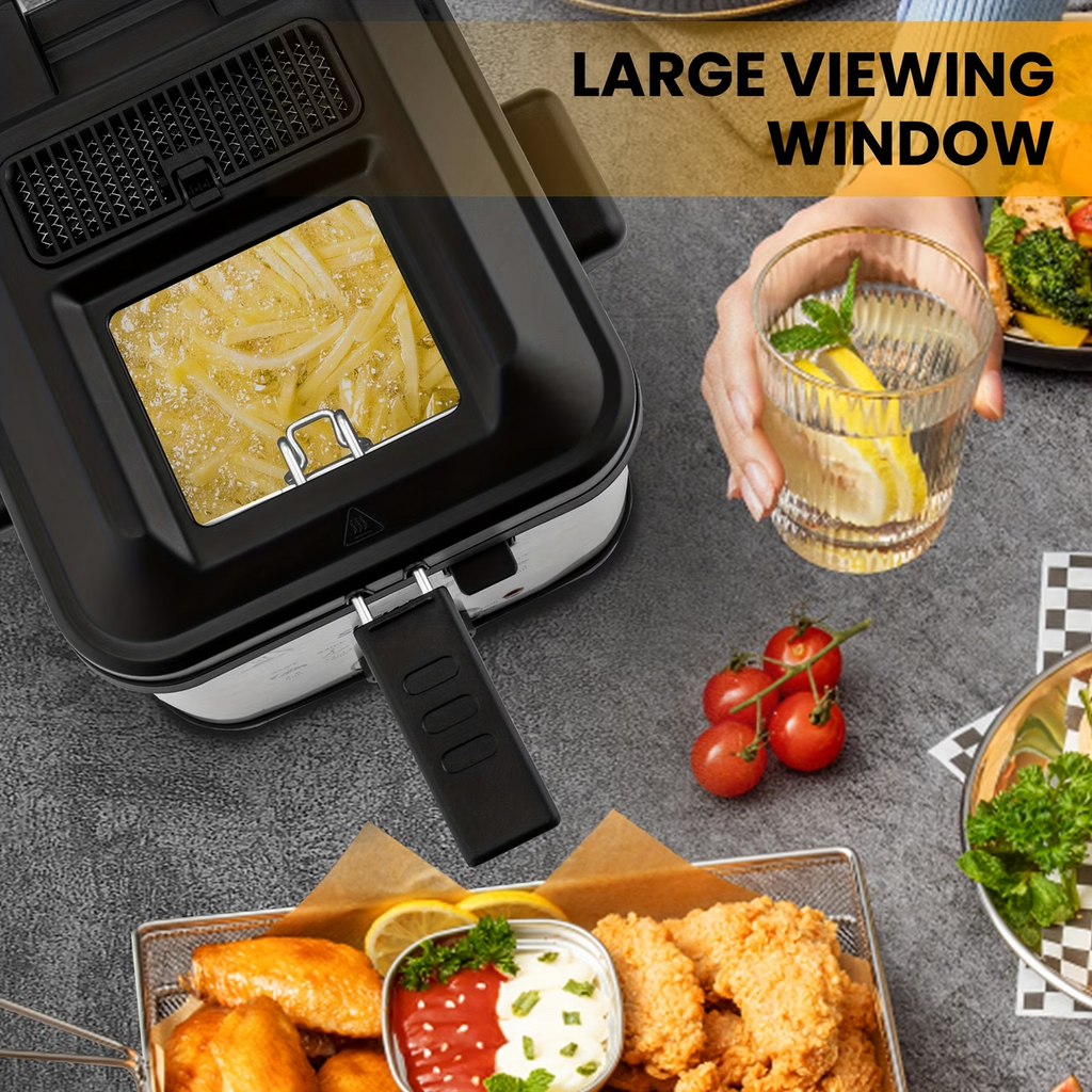 1500W Electric Deep Fryer Stainless Steel w/ Basket Adjustable Temp Non-Stick Po
