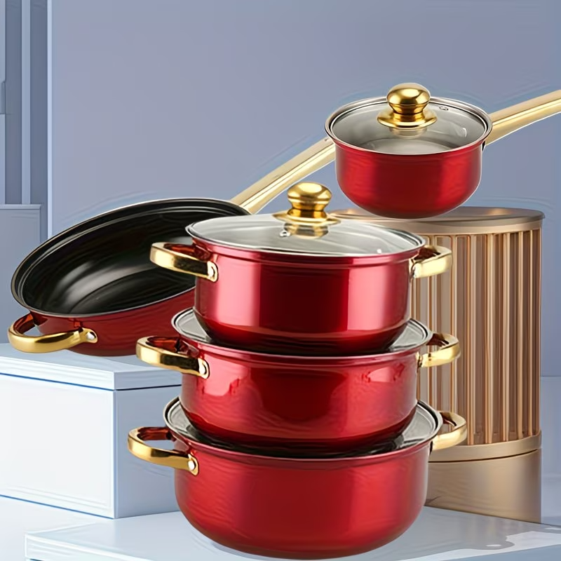12PCS Cookware Set Nonstick Stainless Steel Pots Pans Red Kitchen Set