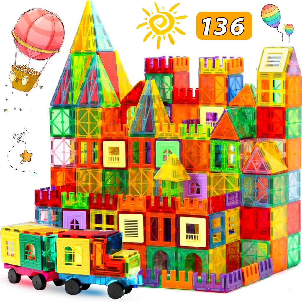 136PCS Magnetic Tiles Building Blocks Kids STEM Toy Set w/ Cars Educational Gift