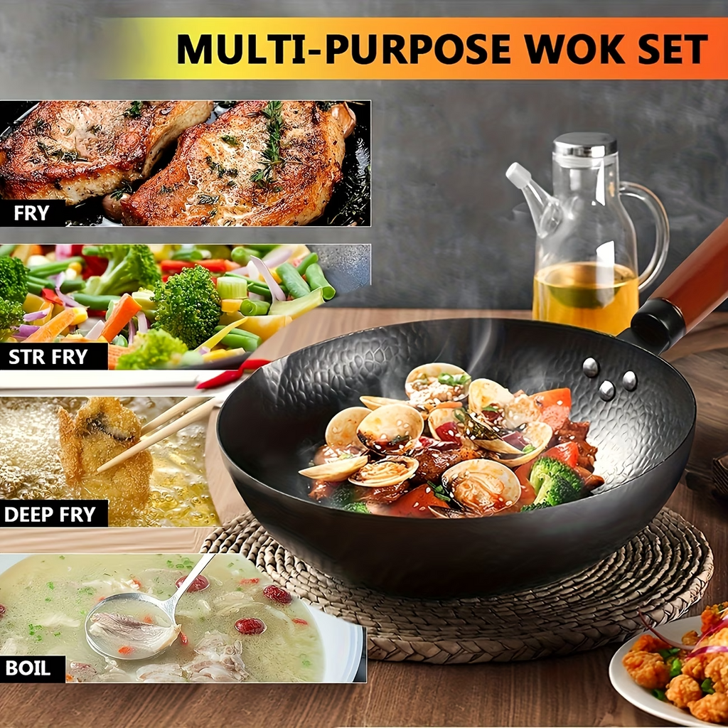 12.6'' Cast Iron Wok Pan Set Nonstick Frying Pan w/ 13 Kitchen Tools