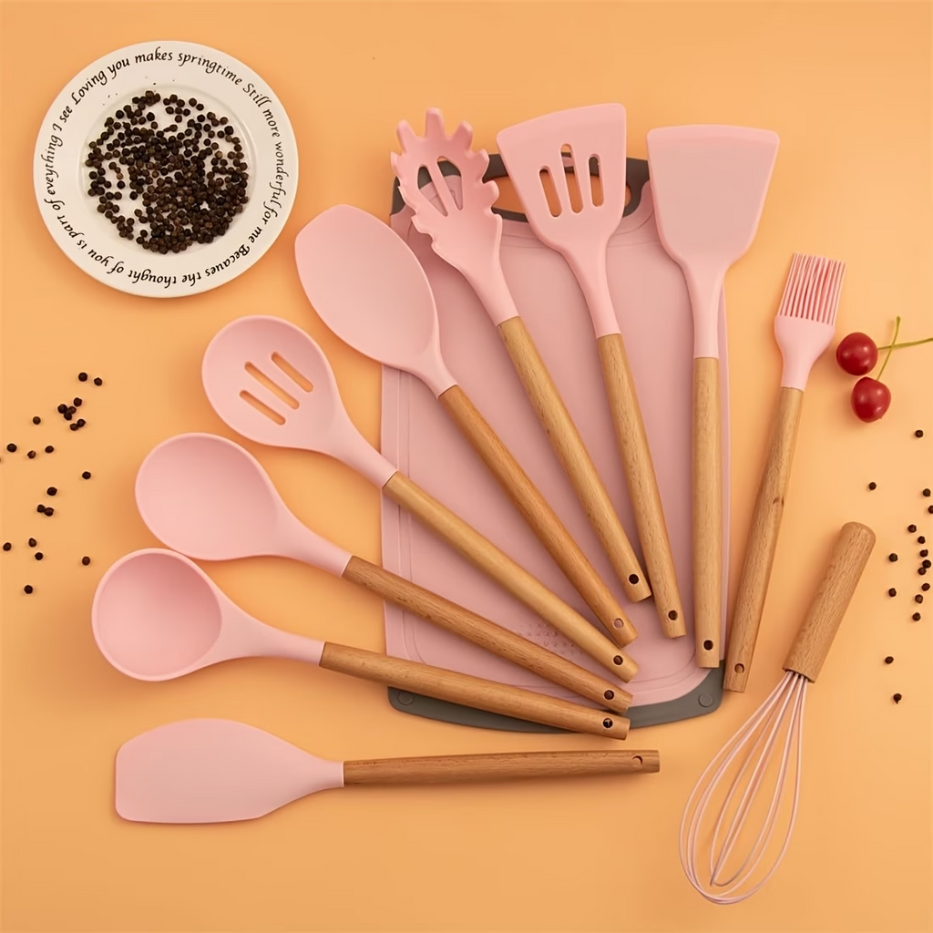 19PCS Silicone Kitchen Utensil Knife Set Nonstick Wooden Handle Tools