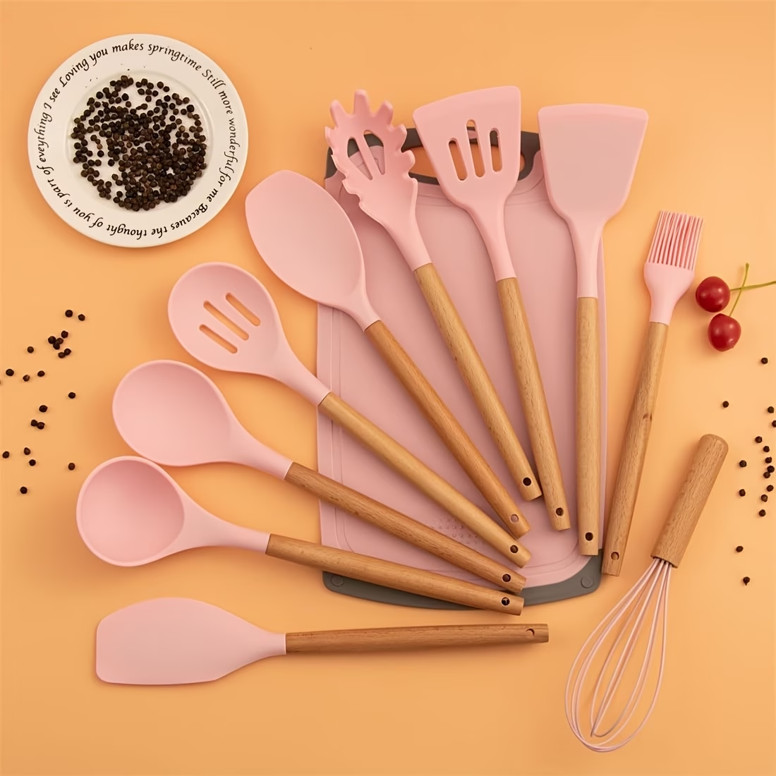 19PCS Silicone Kitchen Utensil Knife Set Nonstick Wooden Handle Tools