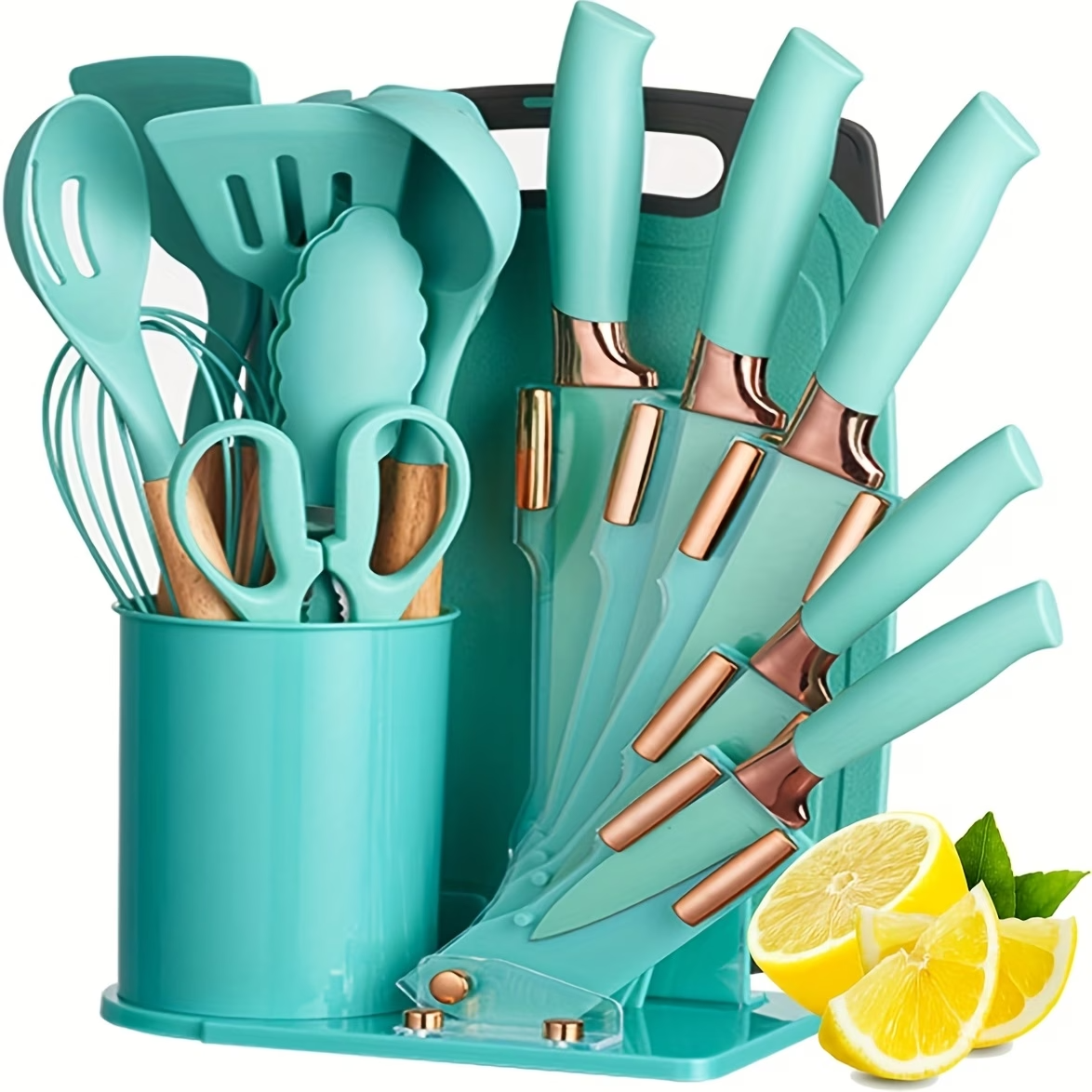 19PCS Silicone Kitchen Utensil Knife Set Nonstick Wooden Handle Tools