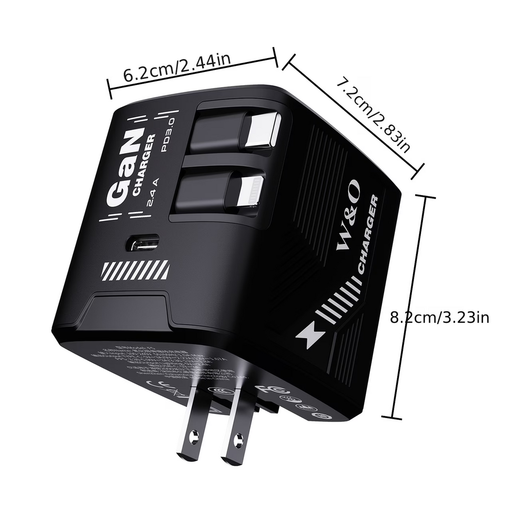 120W GaN Fast Charger Retractable Cable USB-C Travel Wall Charger Fold