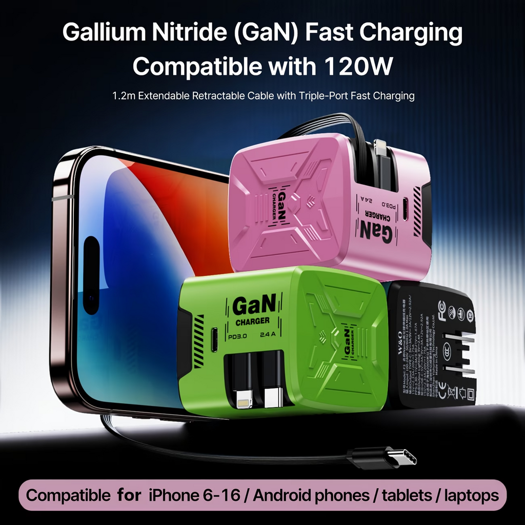 120W GaN Fast Charger Retractable Cable USB-C Travel Wall Charger Fold