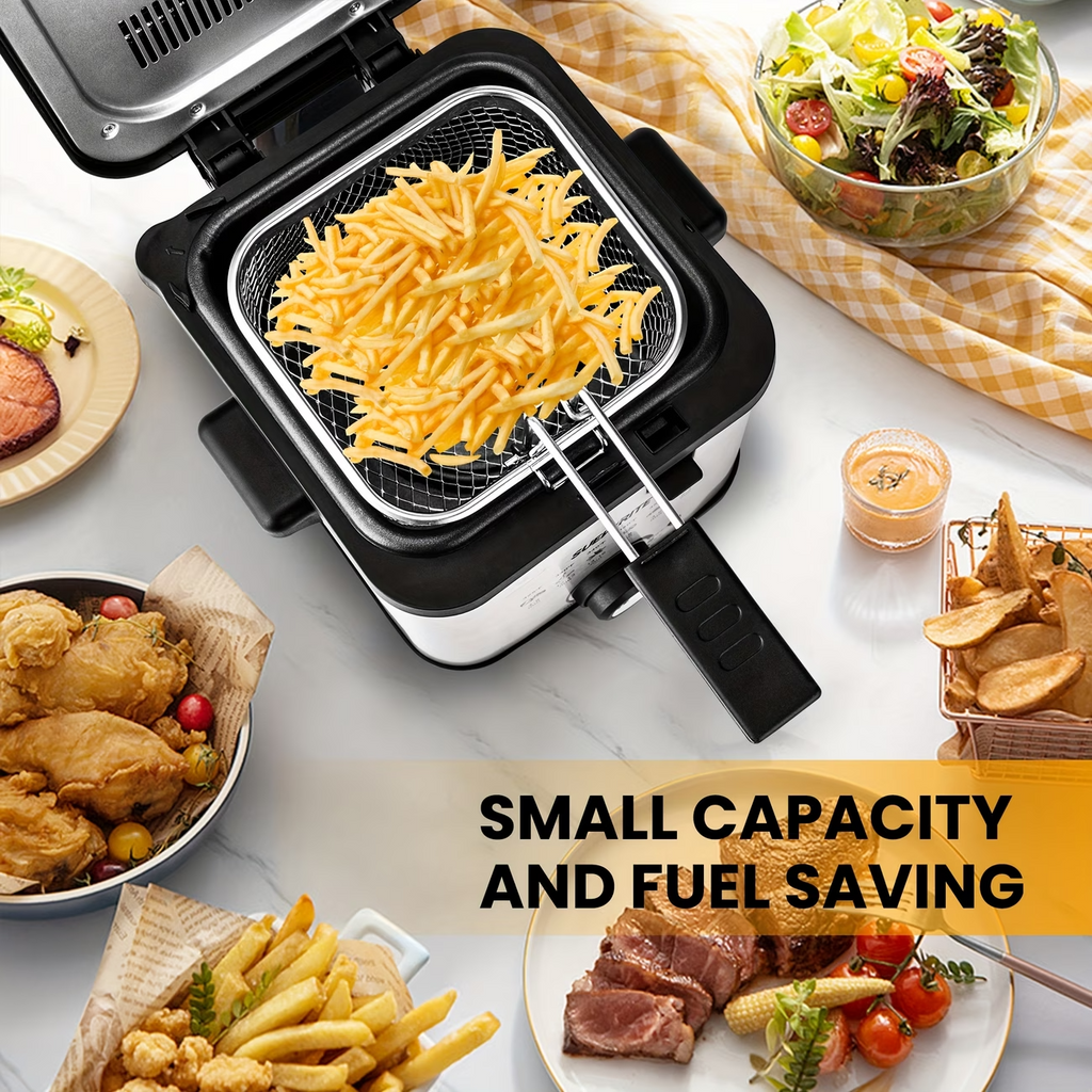 1500W Electric Deep Fryer Stainless Steel w/ Basket Adjustable Temp Non-Stick Po