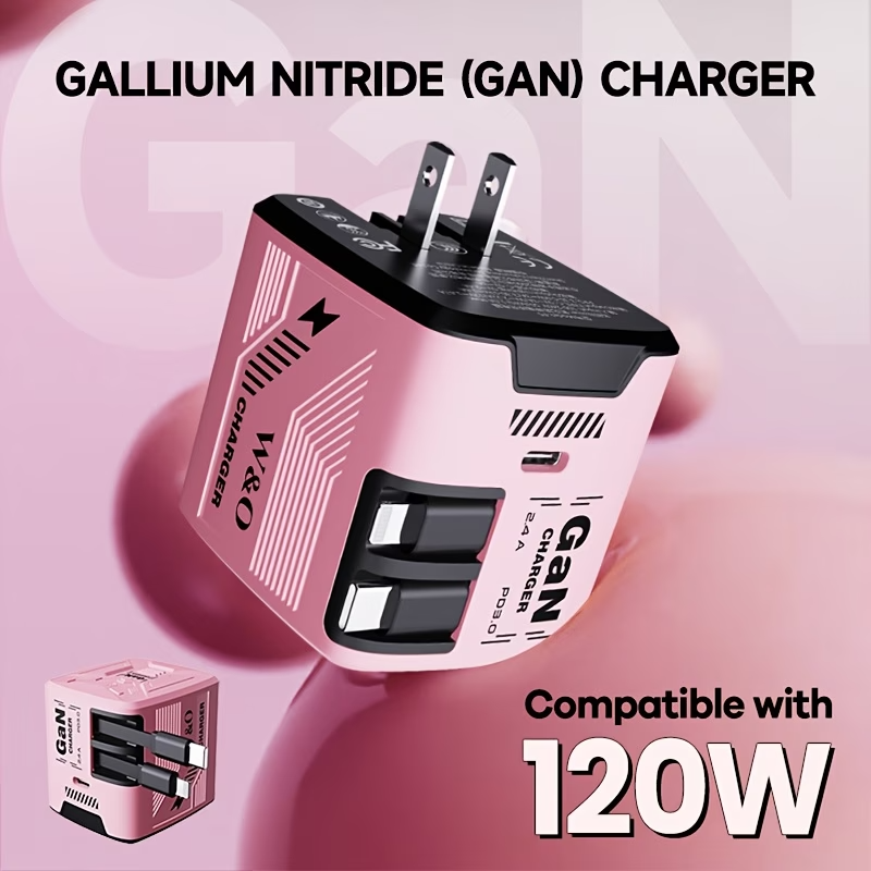 120W GaN Fast Charger Retractable Cable USB-C Travel Wall Charger Fold