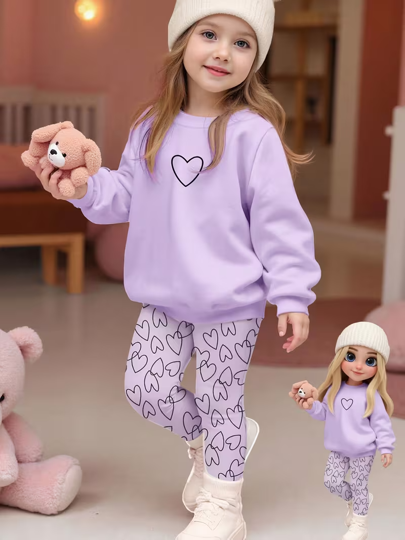 2-piece Set. Girls' Round-neck Sweatshirt with Long Pants Set, Featuring a Round