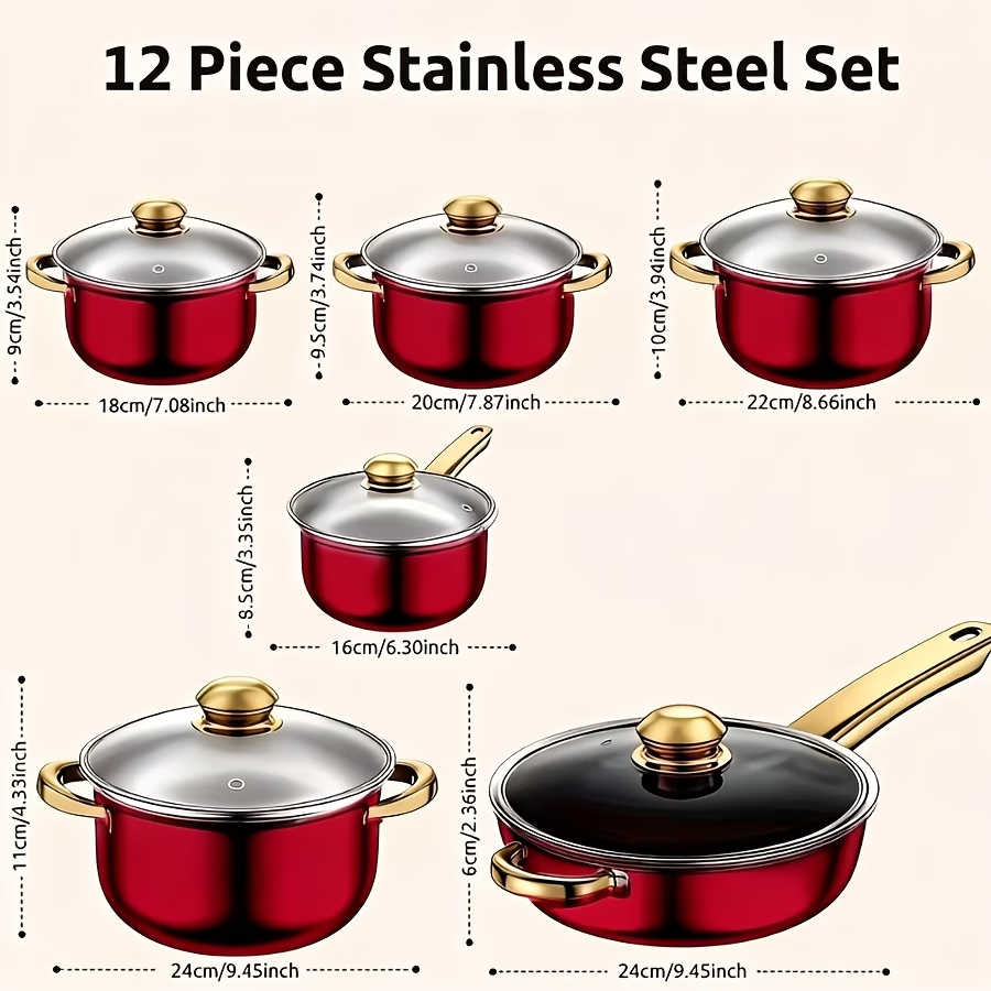 12PCS Stainless Steel Cookware Set Nonstick Pots Pans Induction Gas Gold