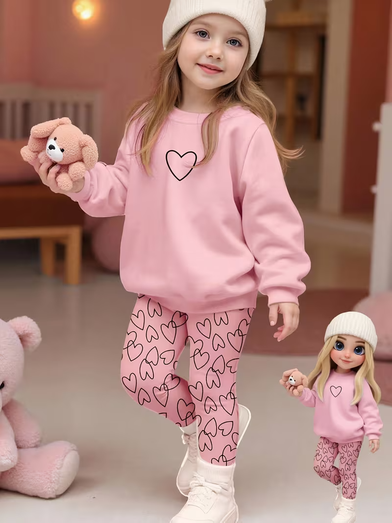 2-piece Set. Girls' Round-neck Sweatshirt with Long Pants Set, Featuring a Round