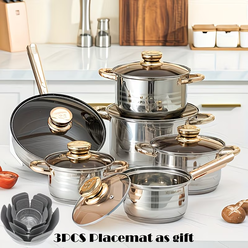 12PCS Stainless Steel Cookware Set Induction Ready Pots w/ Lids Stockpot Set